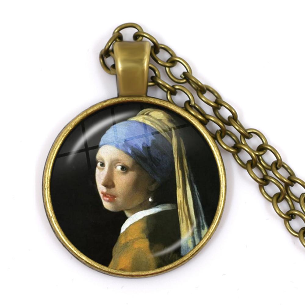 Fashion Bronze Color Punk Style Pendant Necklace Vermeer Oil Painting Girl Wearing Pearl 25mm Glass Cabochon Jewelry for Women