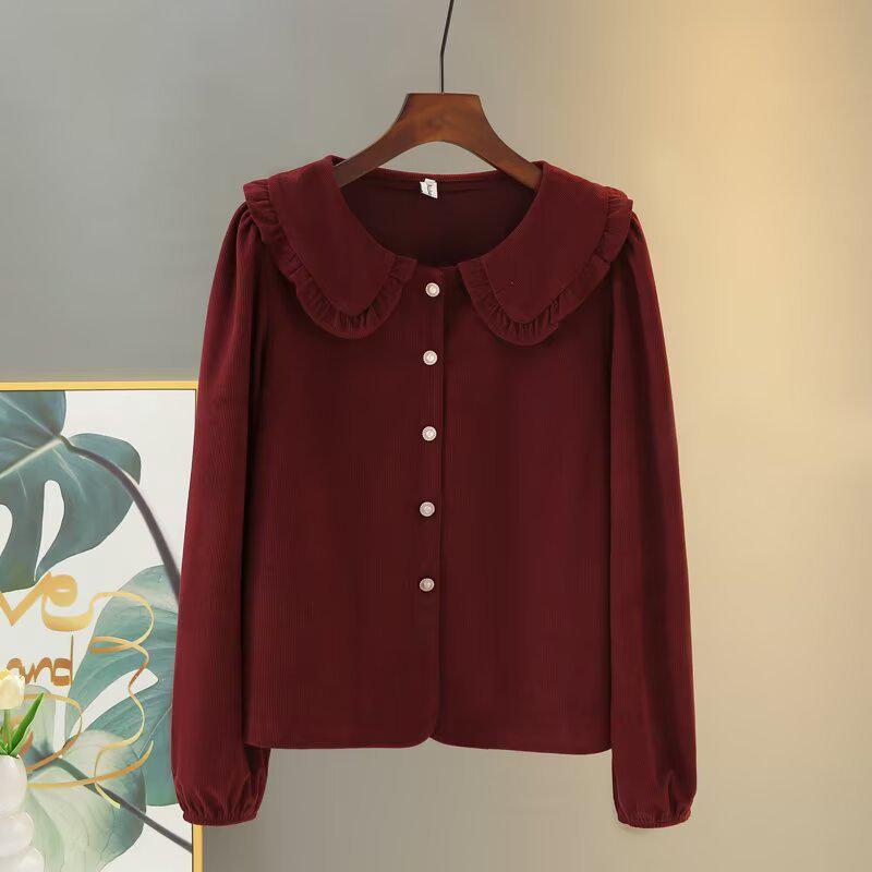 

2024 Autumn Women s Plus Size Lace Doll Collar Cardigan with Long Sleeves 2XL вина червоного кольору