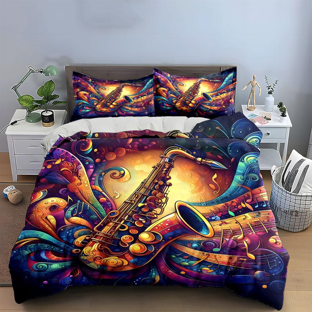 Set Biancheria da Letto Colorato con Decorazione Musicale di Sassofono con 1 Copripiumino 2 Federe Singolo Matrimoniale King Queen, Regalo