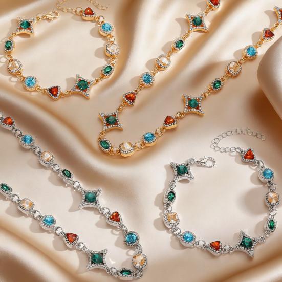 Colorful Faux Gem Necklace Women Retro Necklace Bracelet Sparkling Rhinestone Necklace for Jewelry Gift Parties Dating Weddings