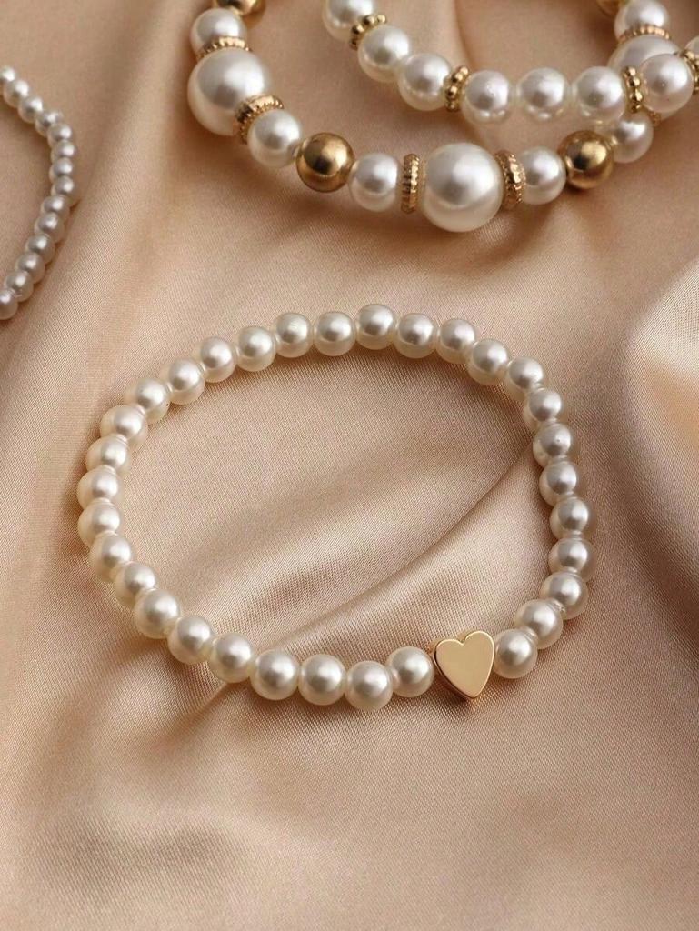 Women Elegant Faux Pearl Beaded Bracelets Combination Fashion Party Accessories