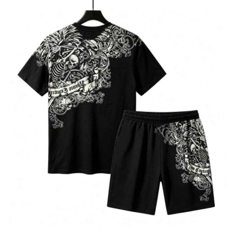 Summer European and American Street Kids Short Sleeved T-shirt Shorts Set 3D Letter Skull Print Boy's and Girl's Loose Casual Sports Suit