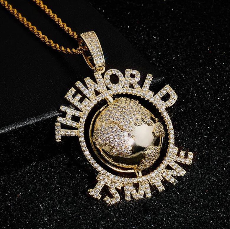 European and American Hip Hop Earth Pendant Copper Set with Zircon Personalized Necklace Pendant