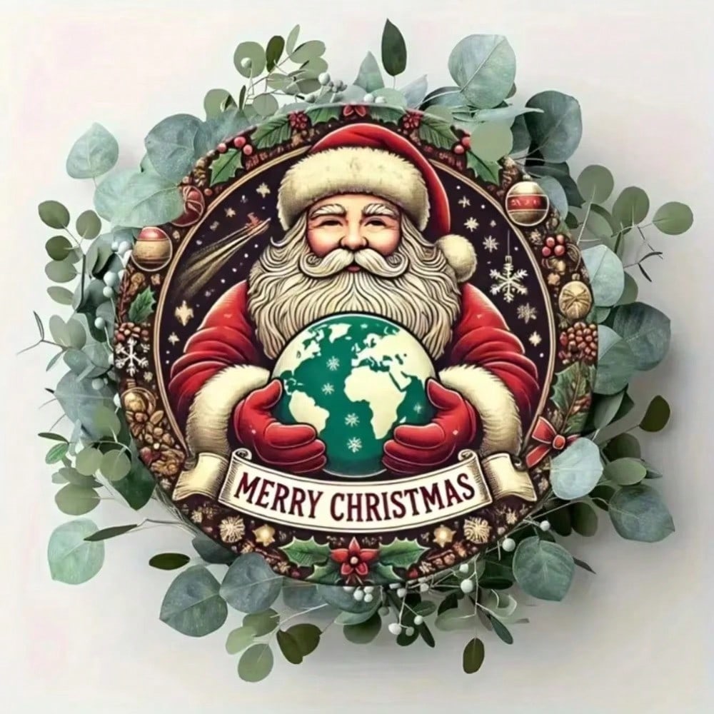 North Pole Santa Claus Metal Round Wall Art, Christmas Decoration, Waterproof Rustproof Indoor Outdoor Hanging Ornament