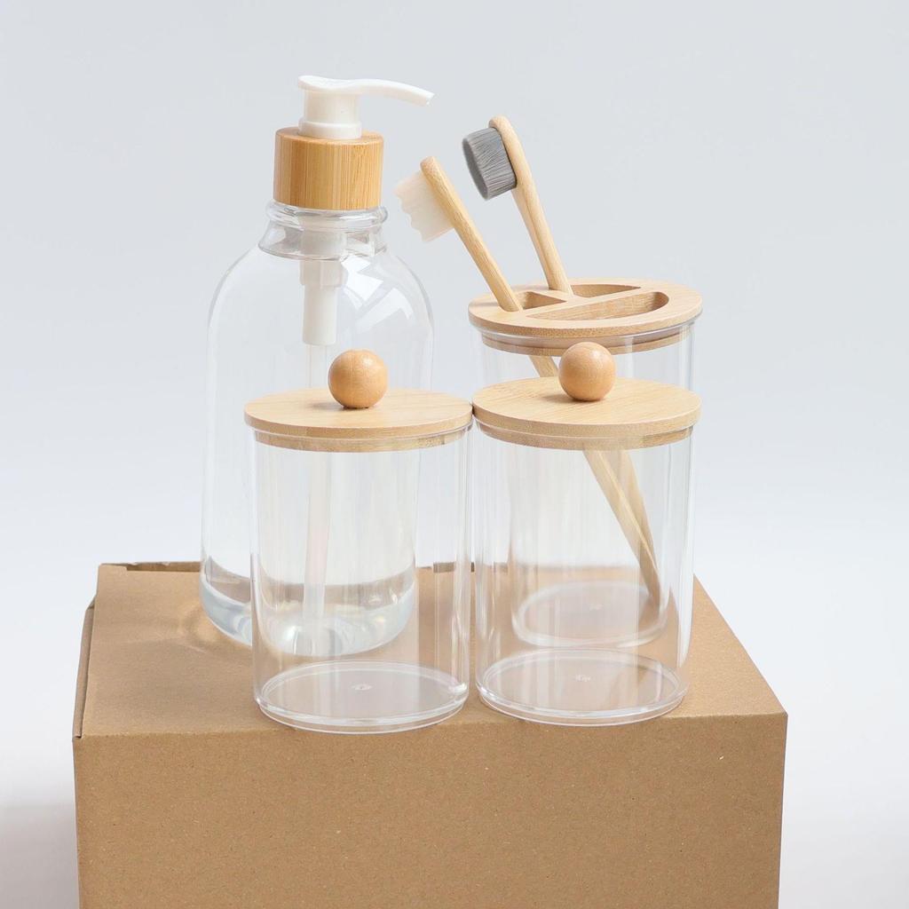 Bamboo Lid Bathroom Set: Soap Bottle, Toothbrush Cup, Cotton Swab Box