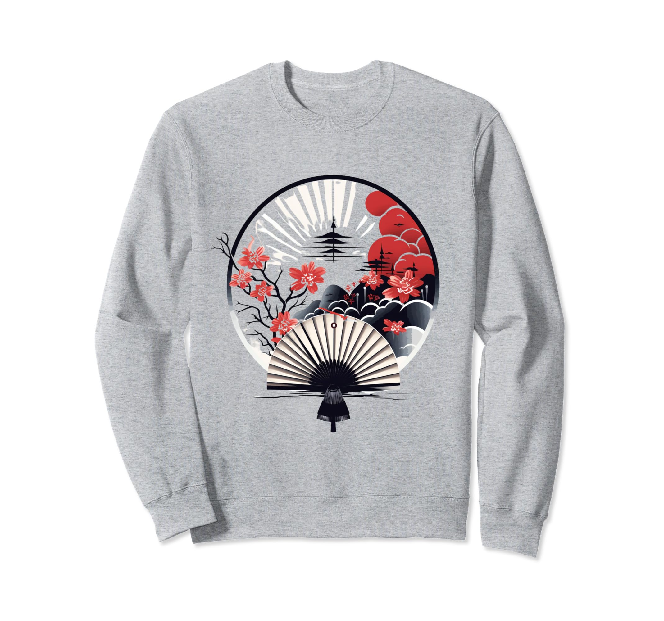 

Traditional Japanese Landscape Fan with Cherry Blossoms and Retro Anime Sweatshirt сірий колір