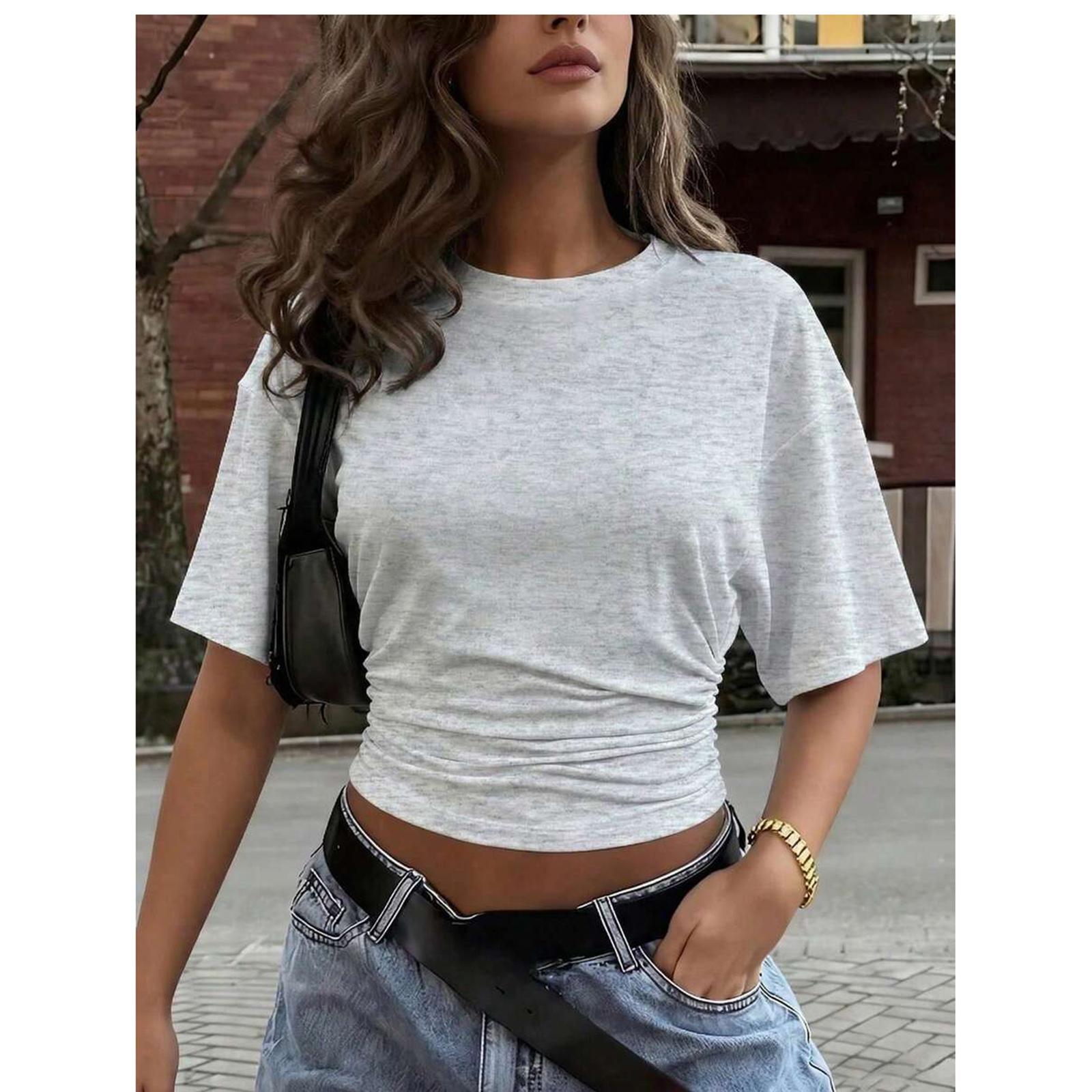 

Летняя плиссированная -Цвет -С вырезом -Приталенная -Стройнящая женская футболка с коротким рукавом L