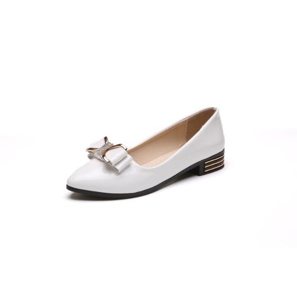 Women's Pointed Toe Low Heel Pumps PU Leather Bow Rhinestone Decor Slip on Flats Comfortable Block Heel Shoes