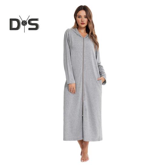 

Женская ночная рубашка на молнии с длинным рукавом, свободная, чистого цвета, с карманами, длиной до середины икры, с капюшоном, домашняя одежда, повседневная одежда для дома, спальни, ночная рубашка S светло-серый