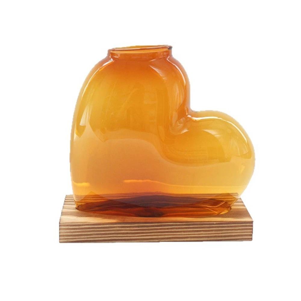 Colorful Love Shaped Glass Vase with Wooden Hydroponic Flower Plants Vase Desktop Ornament Living Room Office Decoration