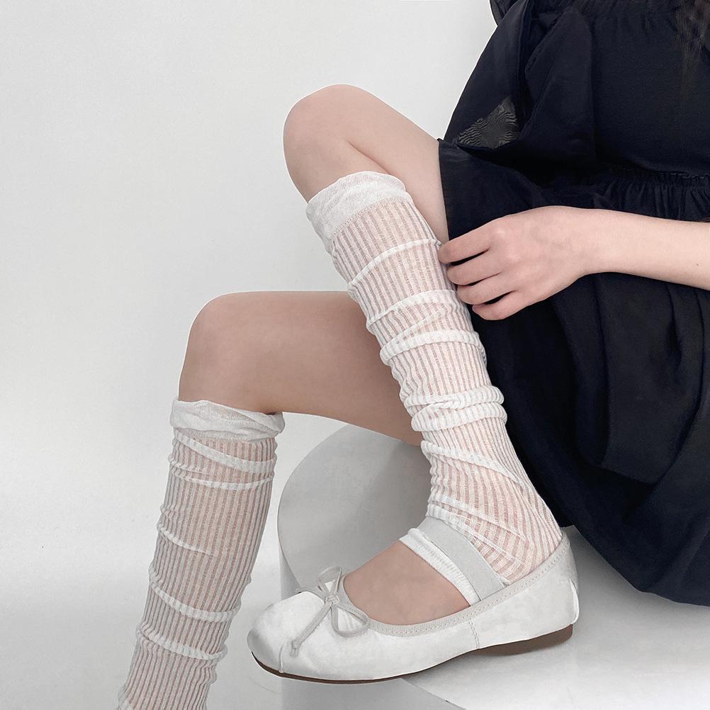 Korean Style Vertical Stripe Arm & Leg Warmers Set - Sun Protection & AC Friendly Solid Color Mid-Calf Socks