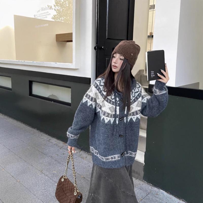 Vintage Fair Island Hooded Knitted Cardigan Women's Autumn and Winter New Versatile Loose Horn Button Sweater Jacket Women
