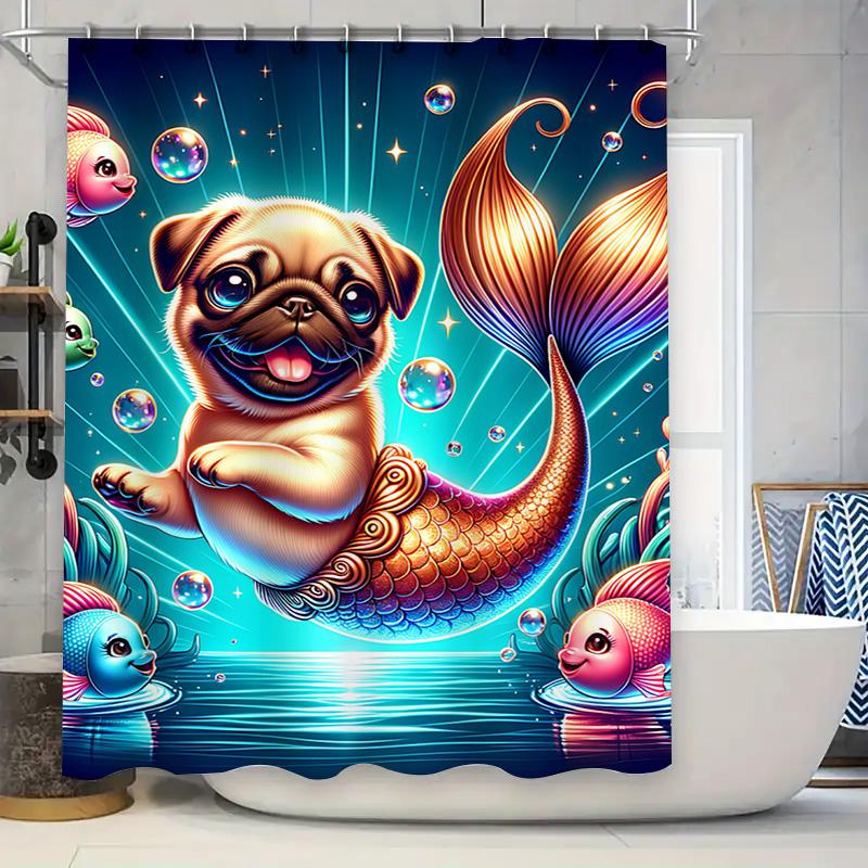 

Magical Mer-Pug Shower Curtain Cute Cartoon Pug Fish Tail Bath Decor for Kids Bedroom Blue Ocean Bubble Print Home Decoration 90x180cm
