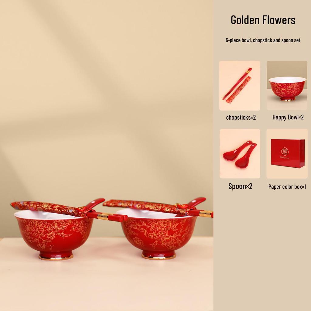 Double Happiness Newlywed Tea Set: Red Bowls, Chopsticks, and Spoons