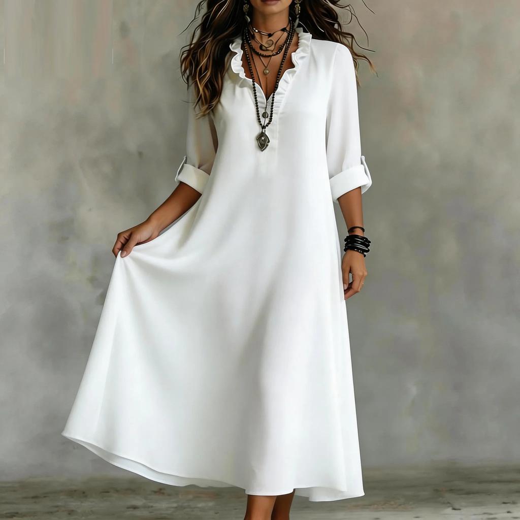 Damska Letnia Codzienna i Wygodna -Jednokolorowa Bawełniano-Lniana Sukienka Maxi