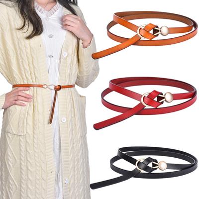Women'S Thin Belt Pure Cowhide Belt Leather Casual Knotted Belt With Dress Coat Small Belt