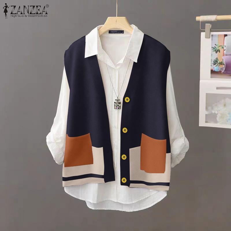 ZANZEA Chalecos sin mangas con bolsillos y bloques de color vintage para mujer