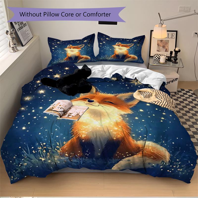 3pcs Enchanted Fox Gazing At Starry Night Sky Quilt Set, Soft and Comfortable Bedroom