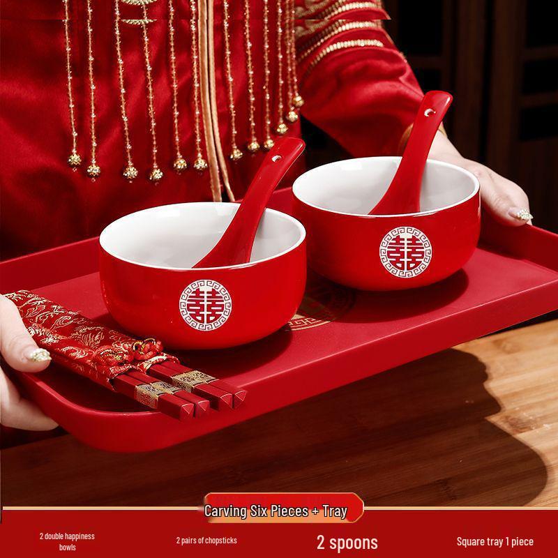 Red Wedding Bowls & Chopsticks Set - Bride's Dowry