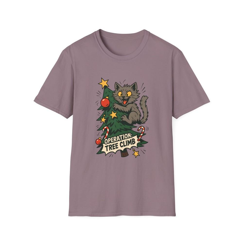

Unisex Softstyle T-Shirt Gray Kitten Christmas Tree Comic Style Funny Holiday S