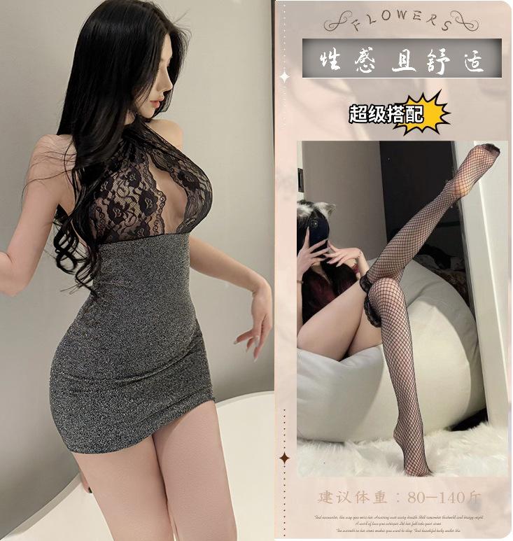 Sexy underwear, sexy silver silk, shiny women's hip skirt, uniform lace hanging neck to avoid temptation