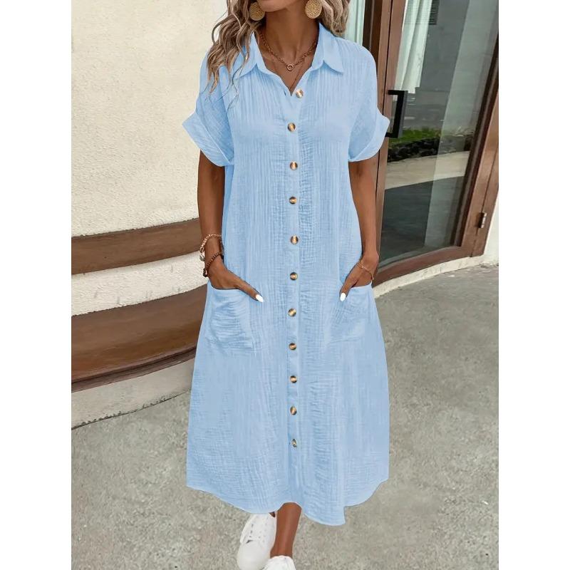 

Wish summer solid color simple collar button long dress women s clothing XXL синій