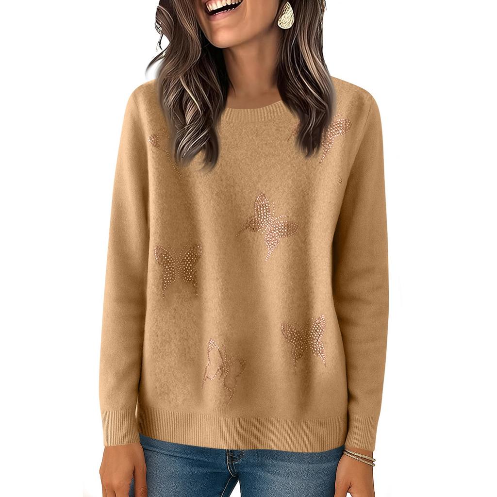 Women's Fashionable Solid Color Round Neck Long Sleeved Loose Base Shirt With Rhinestone Butterfly Knit Sweater Top