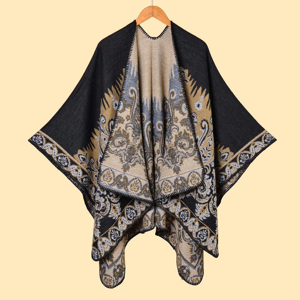 Spot Foreign Trade Women's Scarves Shawls Wholesale Autumn Winter Retro Jacquard Thick Warm Split Cape