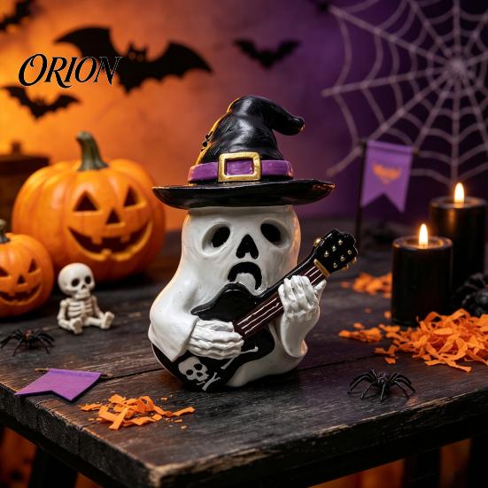 Indoor Outdoor Holiday Ornaments Halloween Resin Ornament, Ghost Owl Pumpkin Shape Figurine, 3D Decorations Decoration, for And Tabletop Decor Guitar