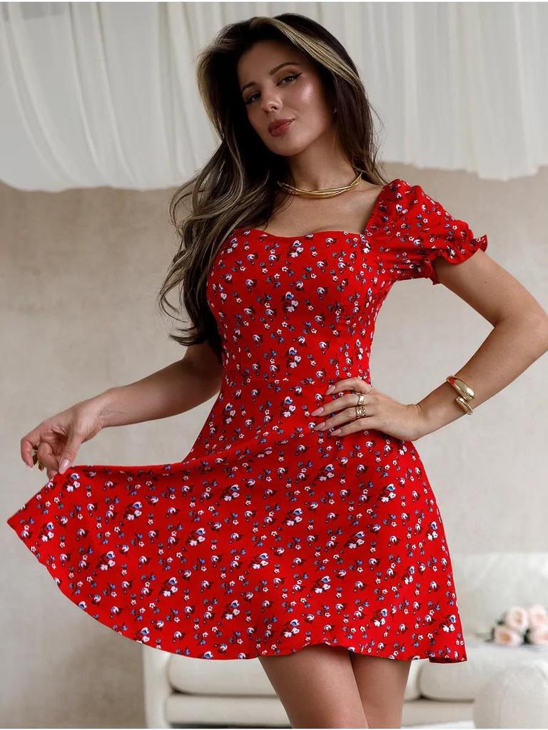 European & American Summer Floral Puff Sleeve Dress with Waist-Cinching Square Neck