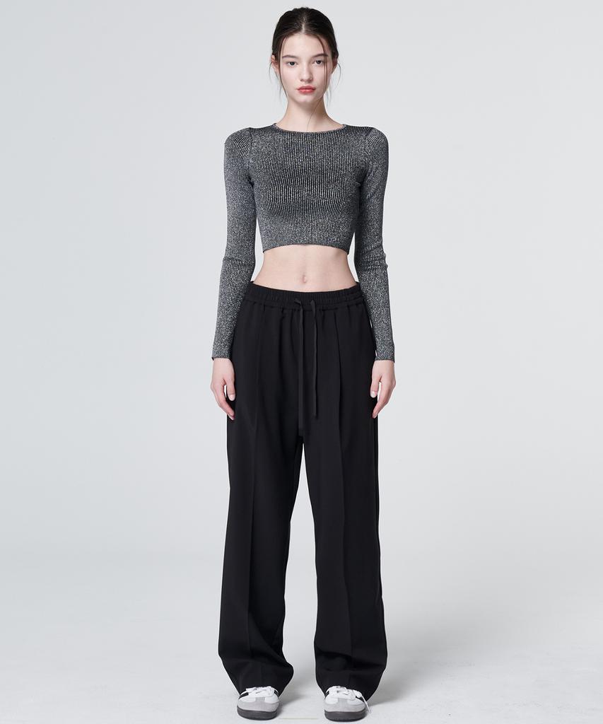 MALOUPE 2144 Summer One-Pleat Elastic Waist Wide Pants (Black)