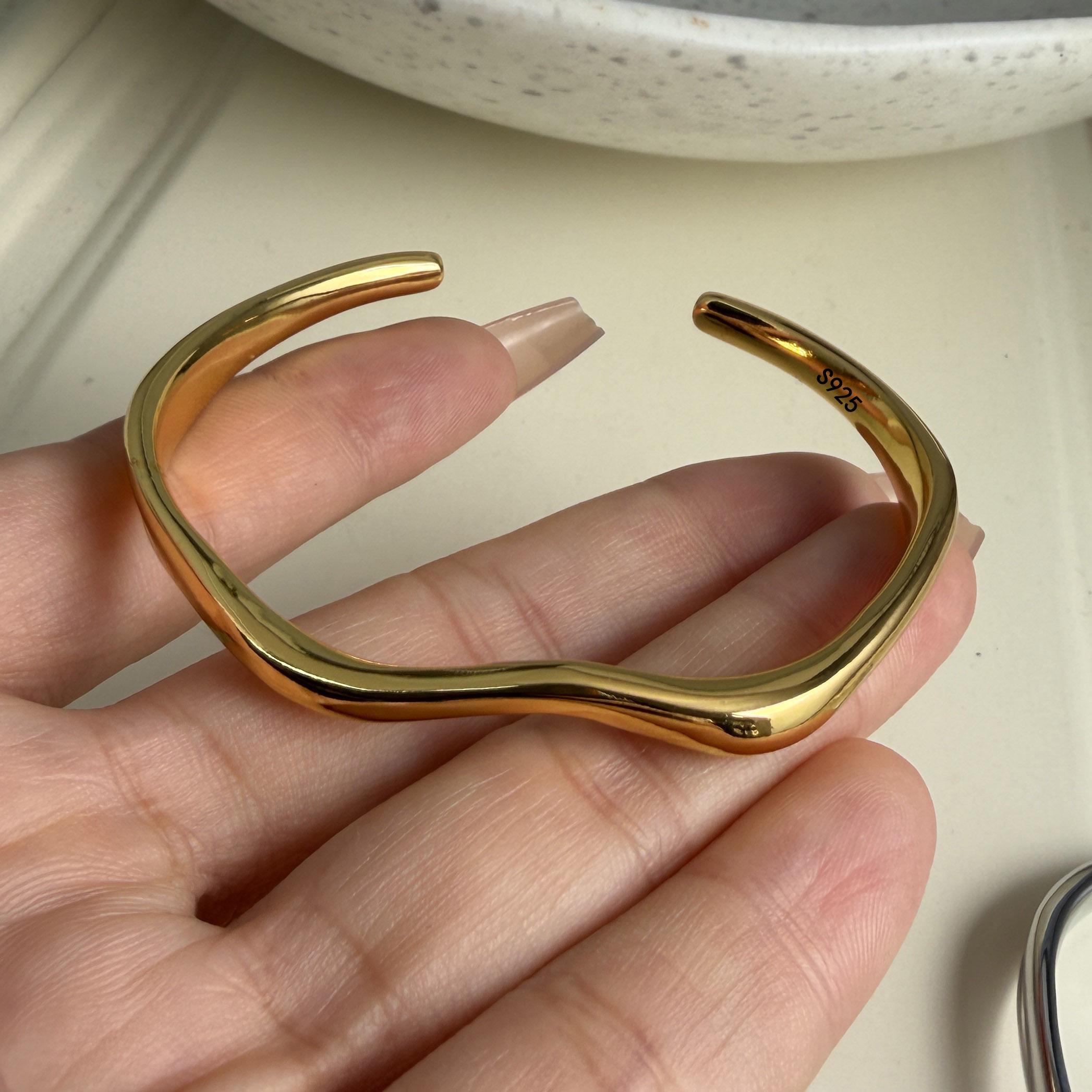 

100% Solid 925 Sterling Silver Retro Bracelet for Women Geometric Handmade Gold Narrow Zircon Simple Bracelet Birthday Gift