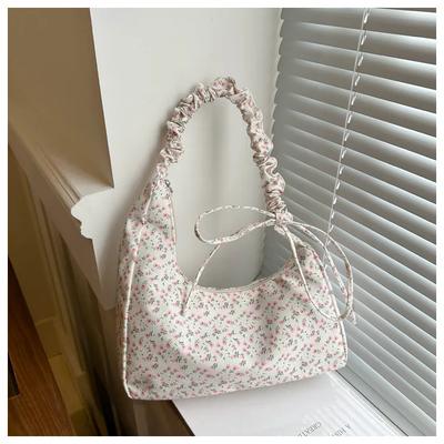 Fresh Canvas Armpit with Pleated Arch Literary Girl Broken Flower Portable Shoulder Bag New