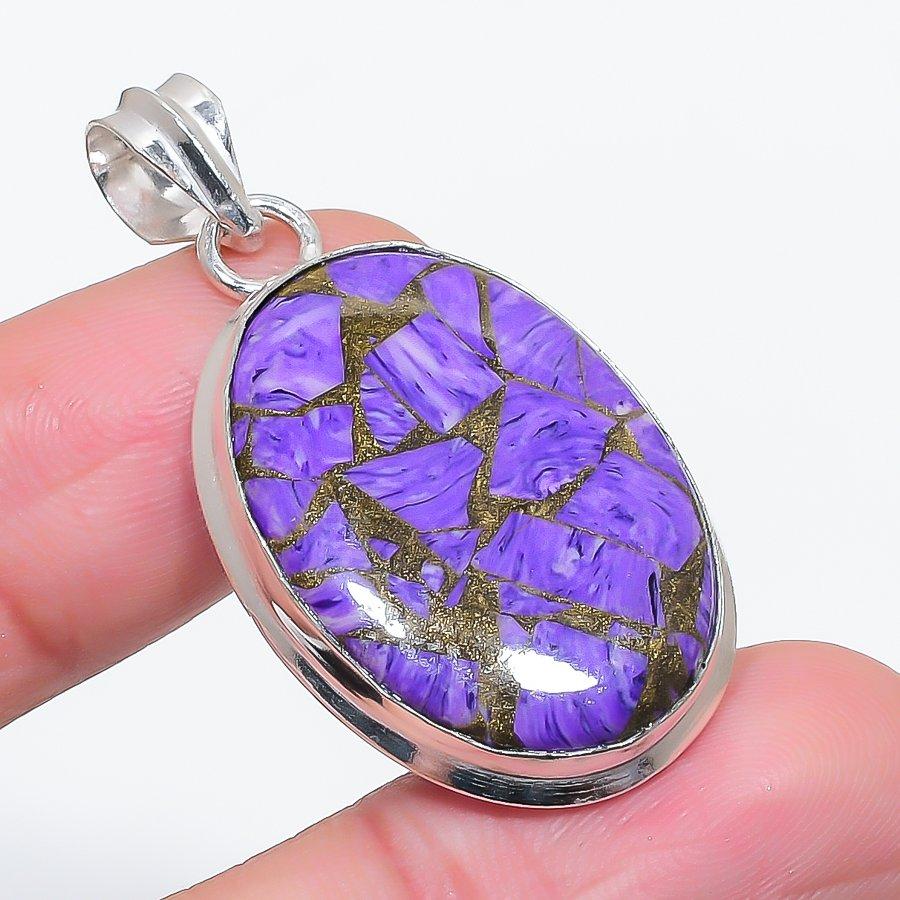 Natural Copper Charoite Gemstone 925 Sterling Silver Jewelry Pendant 1.77" R0u49