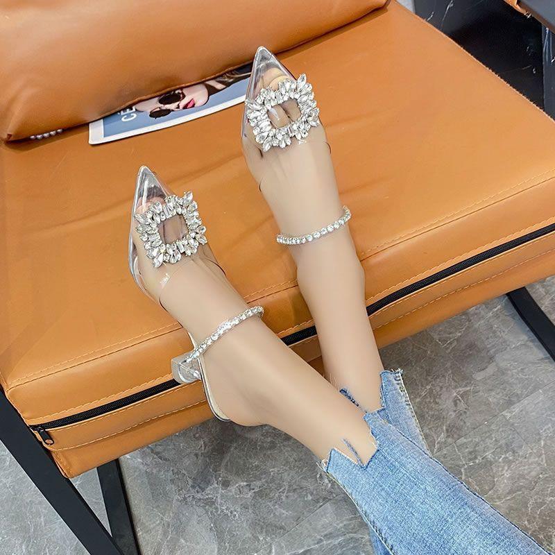 Baotou Slippers Women's Outer Wear 2025 New High-end Fairy Rhinestone Half-heel Transparent High Heels
