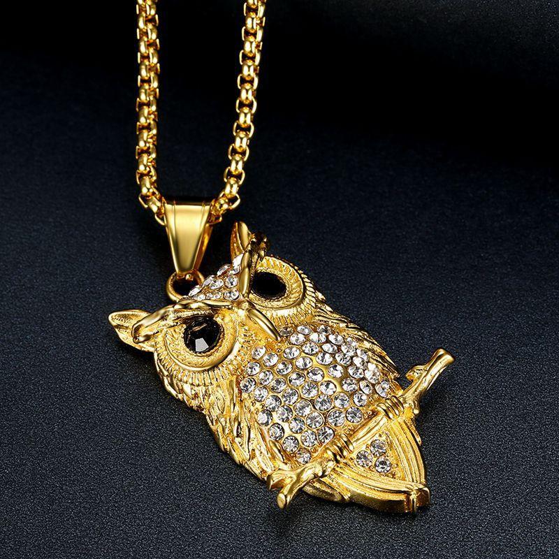 Hip Hop Iced Out Owl Pendant Necklace For Women Gold Color Stainless Steel Animal Bling AAA CZ Necklace Women's Jewelry