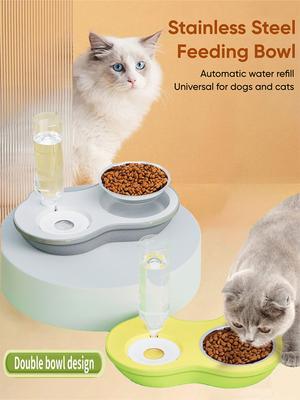 1pc Detachable Stainless Steel Pet Feeder And Automatic Water Dispenser With Dual Bowls Drinking Water Bottle Large Feeding Bowl