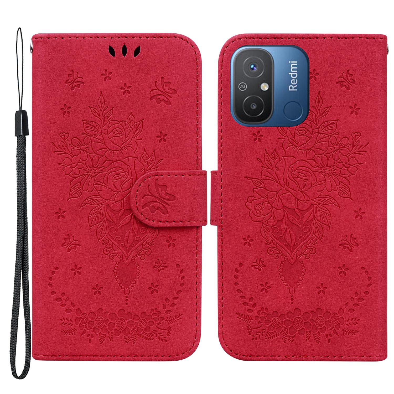 

For Xiaomi Redmi 11A 4G/Redmi 12C 4G Leather Phone Case Stand Wallet Rose Butterfly Imprinted Flip Cover Red