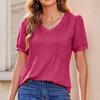 Women's Puff Short Sleeve Boho Shirt Casual V Neck Solid Color Summer Shirt Pleated Casual Tunic Top