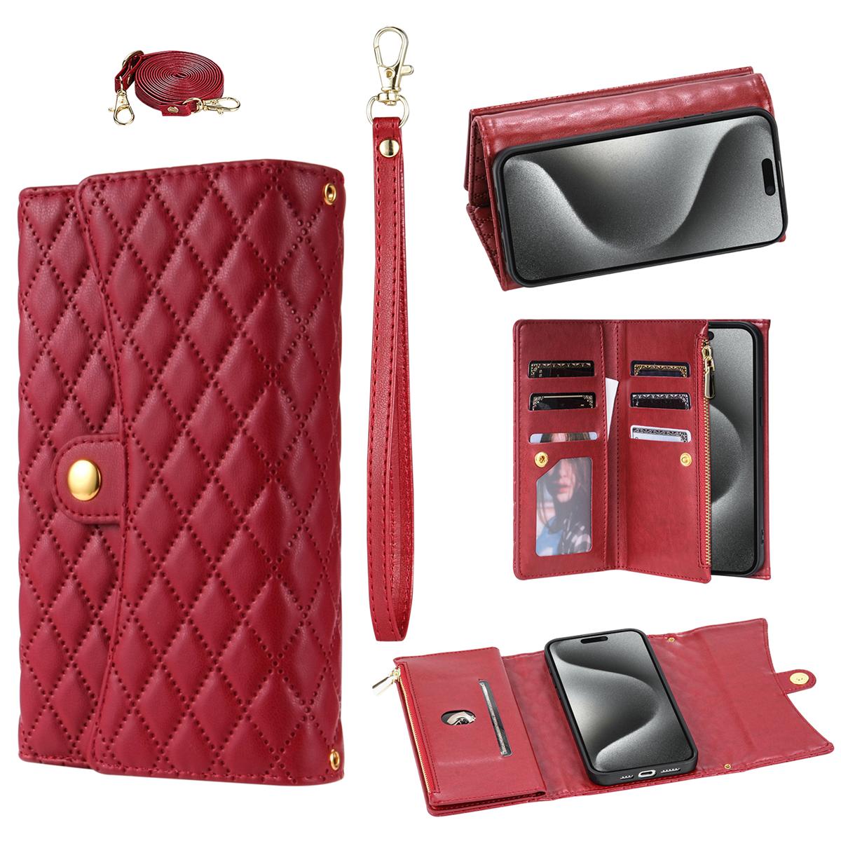

BKS-002 For iPhone 17 Air Wallet Case PU Leather Stand Phone Cover with Shoulder Strap Red