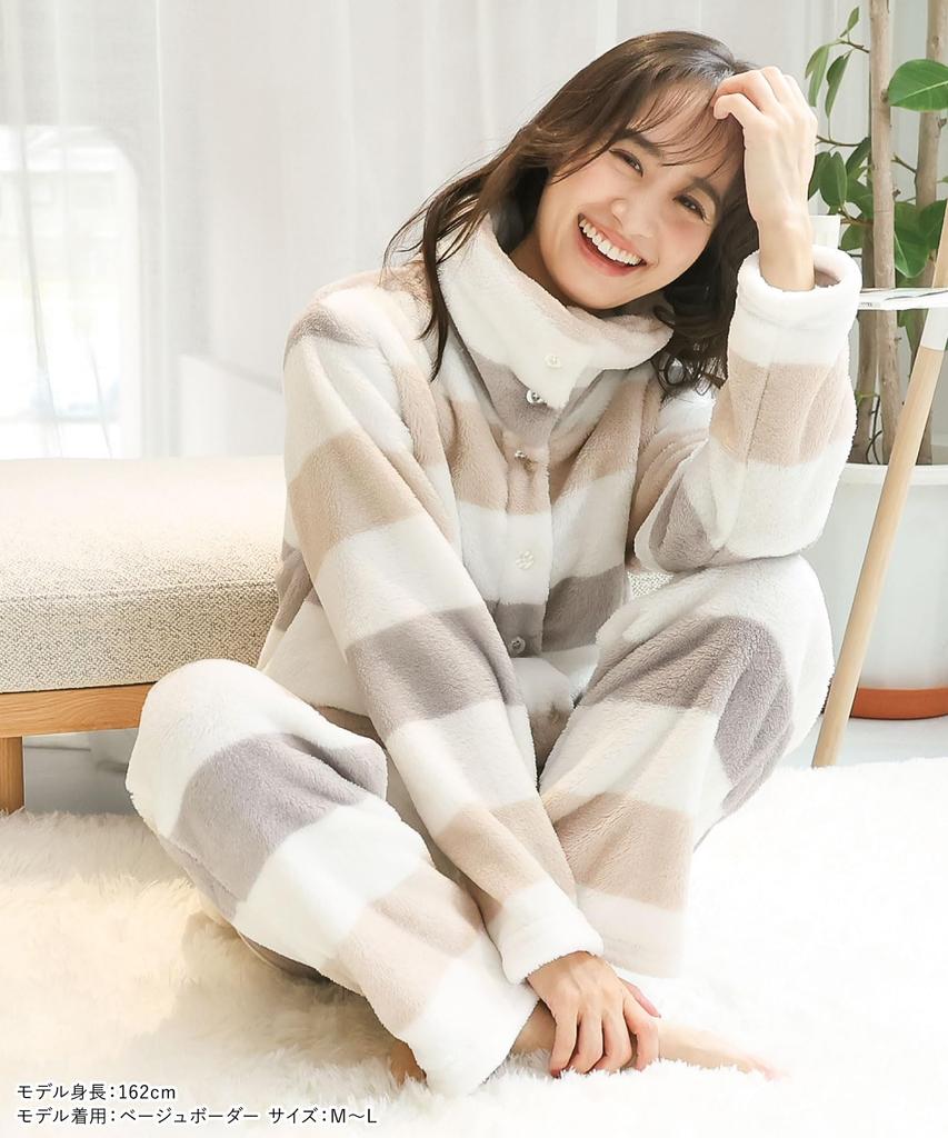 ON NISHIKI Winter Long Top and Bottoms Long Loungewear Women's Pajamas, Sleeves, Warm, Fluffy, Front-Opening, Micro-Fur Set, 2-Way Collar, Pants,