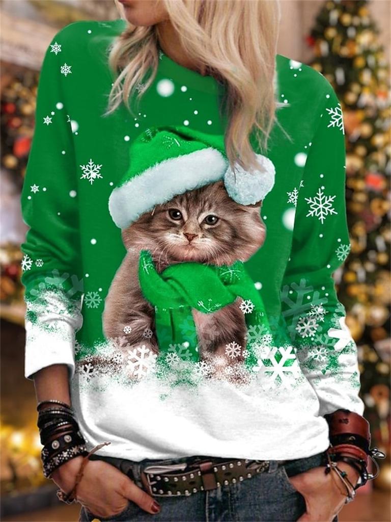 3D Print Women's Christmas Cutecat Print Hoodie Festive Pullover Sweatshirt Long Sleeve Casual Wear Fall Winter Holiday Style