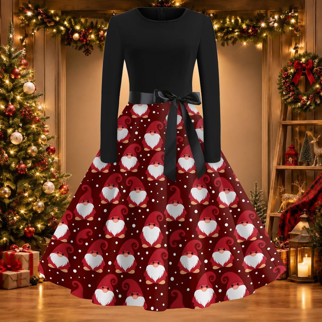Women's Casual Fashion Christmas Print Round Neck Vintage Dress for Holiday Parties
