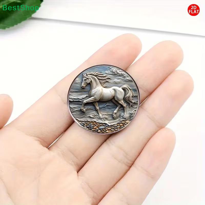 2D Flacher Küstenlaufpferd-Anstecker – Runde Metallbrosche für Jeansjacken & Accessoires