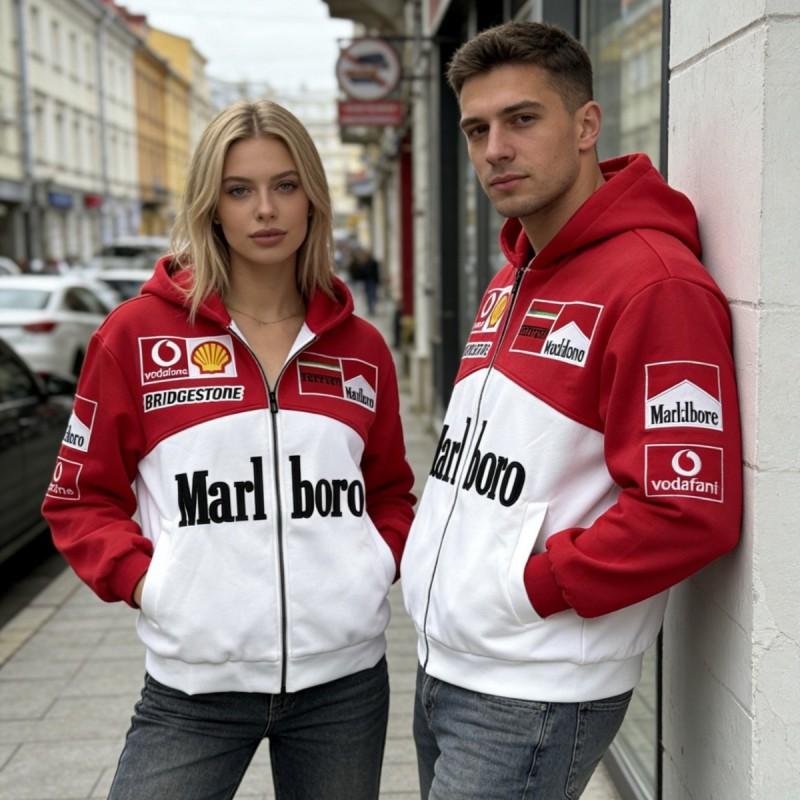Marlboro Κεντητό Παλτό με Μπαλώματα Unisex Υψηλής Ποιότητας Βαμβακερό Μείγμα Φούτερ Streetwear Ποδηλασία