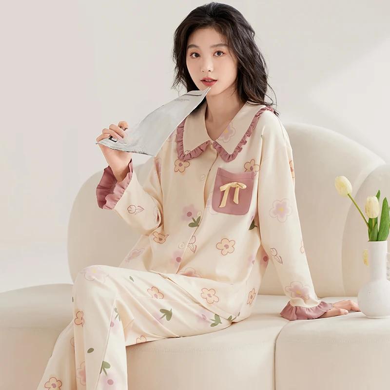 Dámská bavlněná pyžamová souprava Podzim Zima Límec na klopu Roztomilé noční prádlo Princeznovský styl Noční oblečení Dámské s dlouhým rukávem Domácí oblečení