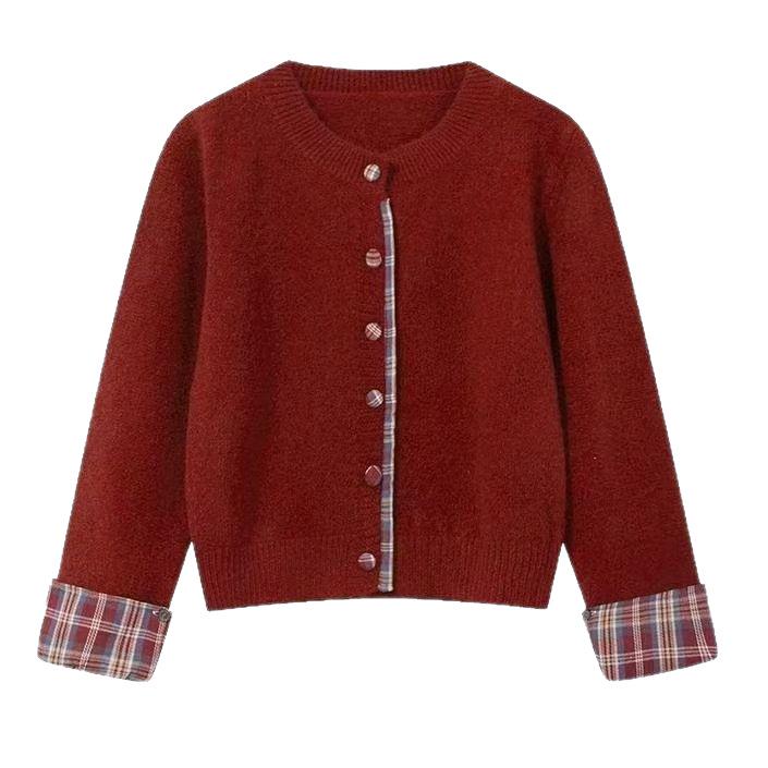 Korean-Style Patchwork Plaid Sweater Cardigan, Round Neck, Loose Casual Fit, Autumn/Winter 2024