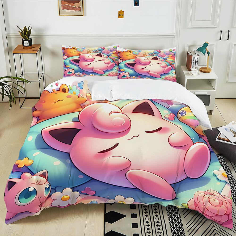 Next Day Shipping P0kem0n Jigglypuff Print Pink Bedding Set 3PC 1 Duvet Cover 2 Pillowcases Adult Kids Bedding Set Comforter Set