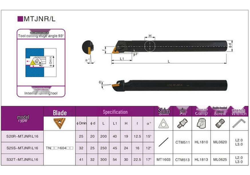 93° Inner Hole CNC Tool Holder: S16Q/S20R/S25S/S32T/S40T-MTJNR16/MTJNL16