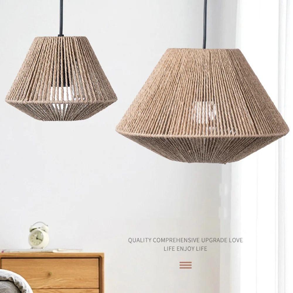 Hanging Wicker Straw Woven Lampshade Rattan Geometric Shade Light Cover Hanging Lamp Cover  Bedroom